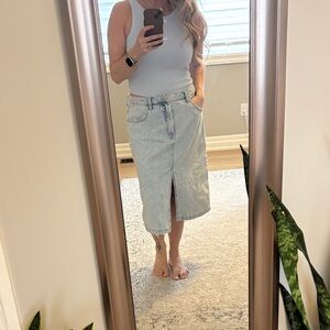 George Light Blue Denim Midi Skirt with Center Front Slit